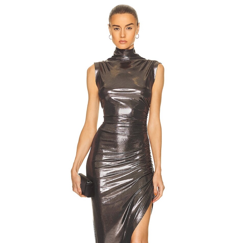Sold out Norma Kamali gunmetal turtleneck side drape gown